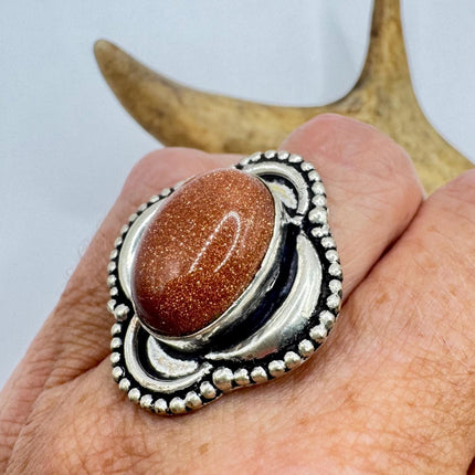 Vintage Gold Sandstone Goldstone Silver Bronze Boho Ring | Unique Gift Statement Ring