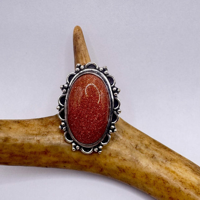Vintage Gold Sandstone Goldstone Silver Bronze Boho Ring | Unique Gift Statement Ring