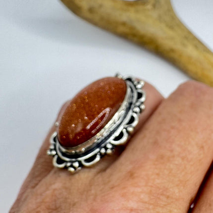 Vintage Gold Sandstone Goldstone Silver Bronze Boho Ring | Unique Gift Statement Ring