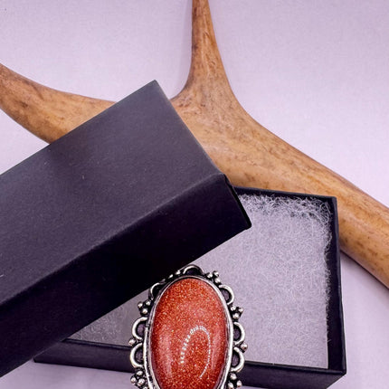 Vintage Gold Sandstone Goldstone Silver Bronze Boho Ring | Unique Gift Statement Ring