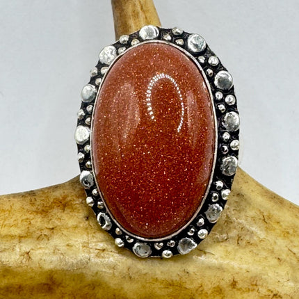 Vintage Gold Sandstone Goldstone Silver Bronze Boho Ring | Unique Gift Statement Ring