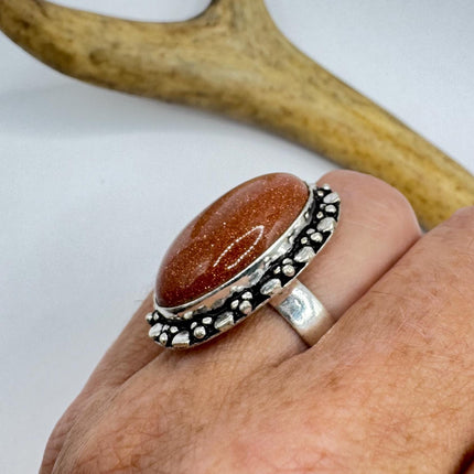 Vintage Gold Sandstone Goldstone Silver Bronze Boho Ring | Unique Gift Statement Ring