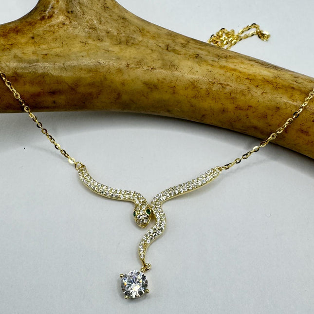 Vintage Tiny Gold Snake Pendant on Delicate Gold 925 Sterling Silver Necklace
