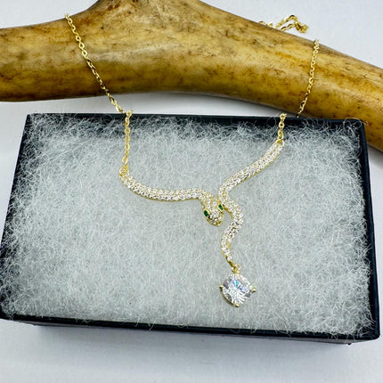 Vintage Tiny Gold Snake Pendant on Delicate Gold 925 Sterling Silver Necklace