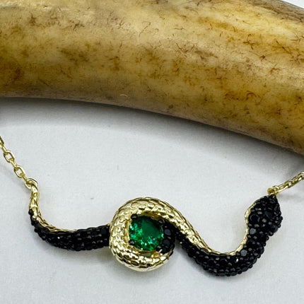 Vintage Tiny Gold Snake Pendant on Delicate Gold 925 Sterling Silver Black and Green Crystal Necklace