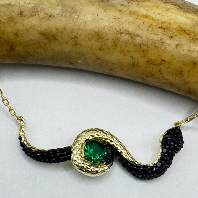 Vintage Tiny Gold Snake Pendant on Delicate Gold 925 Sterling Silver Black and Green Crystal Necklace