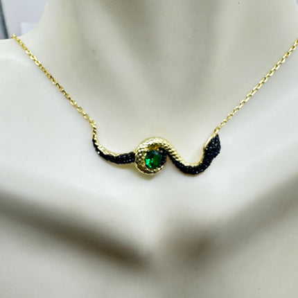 Vintage Tiny Gold Snake Pendant on Delicate Gold 925 Sterling Silver Black and Green Crystal Necklace