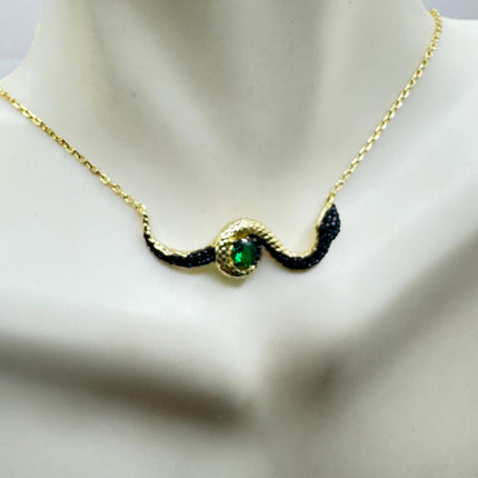 Vintage Tiny Gold Snake Pendant on Delicate Gold 925 Sterling Silver Black and Green Crystal Necklace