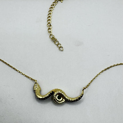 Vintage Tiny Gold Snake Pendant on Delicate Gold 925 Sterling Silver Black and Green Crystal Necklace