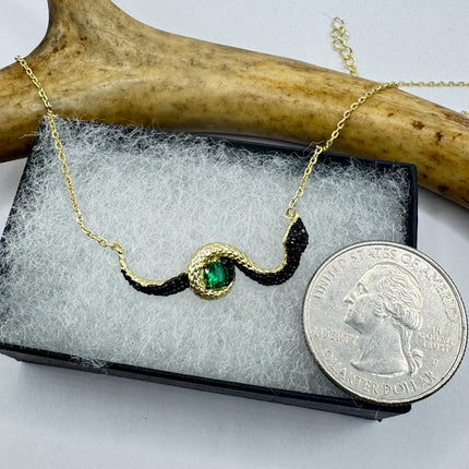 Vintage Tiny Gold Snake Pendant on Delicate Gold 925 Sterling Silver Black and Green Crystal Necklace