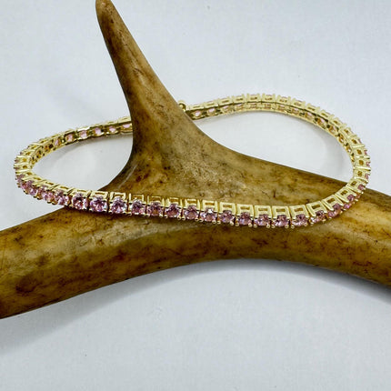 Vintage Golden Tennis Bracelet | Baguette Cut Pink Ice Cubic Zirconia Crystal Diamond | 925 Golden Sterling Silver Stackable Everyday
