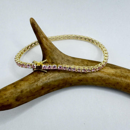 Vintage Golden Tennis Bracelet | Baguette Cut Pink Ice Cubic Zirconia Crystal Diamond | 925 Golden Sterling Silver Stackable Everyday