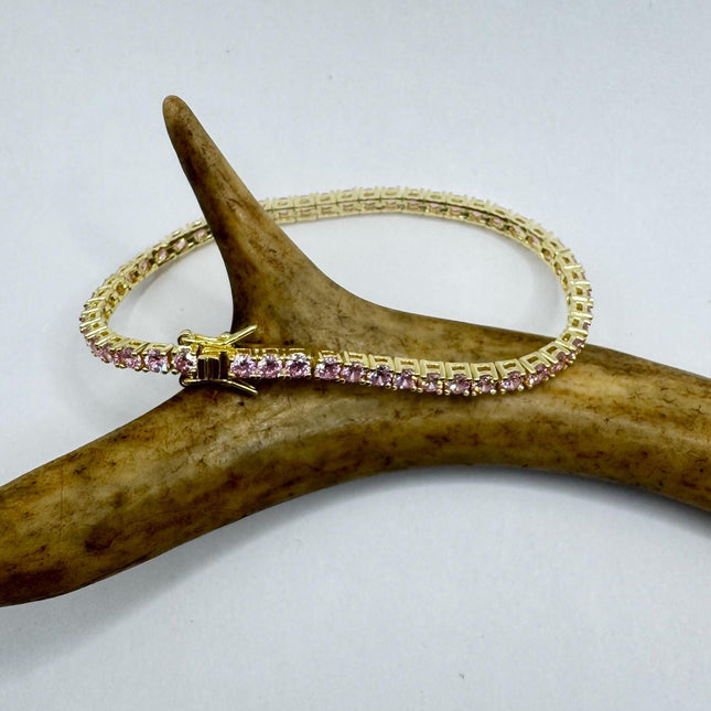 Vintage Golden Tennis Bracelet | Baguette Cut Pink Ice Cubic Zirconia Crystal Diamond | 925 Golden Sterling Silver Stackable Everyday
