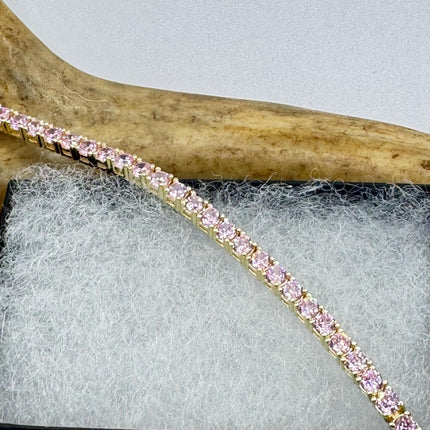 Vintage Golden Tennis Bracelet | Baguette Cut Pink Ice Cubic Zirconia Crystal Diamond | 925 Golden Sterling Silver Stackable Everyday