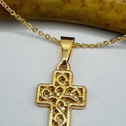 Vintage 9k Gold Filled Tiny Cross Necklace on Etched Gold Filled Chain - Small Crucifix Pendant for Layering and Stacking