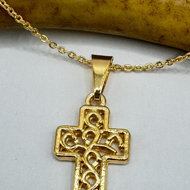 Vintage 9k Gold Filled Tiny Cross Necklace on Etched Gold Filled Chain - Small Crucifix Pendant for Layering and Stacking