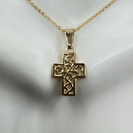 Vintage 9k Gold Filled Tiny Cross Necklace on Etched Gold Filled Chain - Small Crucifix Pendant for Layering and Stacking