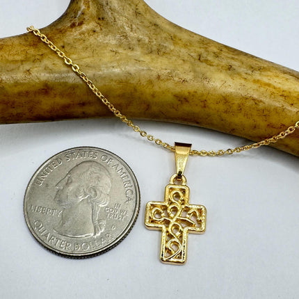 Vintage 9k Gold Filled Tiny Cross Necklace on Etched Gold Filled Chain - Small Crucifix Pendant for Layering and Stacking