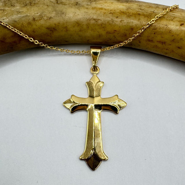 Vintage 9k Gold Filled Cross Necklace on Etched Gold Filled Chain - Small Crucifix Pendant for Layering and Stacking