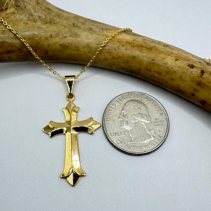 Vintage 9k Gold Filled Cross Necklace on Etched Gold Filled Chain - Small Crucifix Pendant for Layering and Stacking
