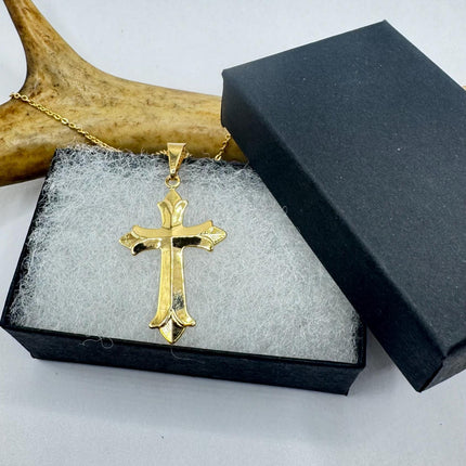 Vintage 9k Gold Filled Cross Necklace on Etched Gold Filled Chain - Small Crucifix Pendant for Layering and Stacking