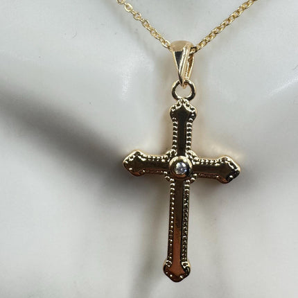 Vintage 9k Gold Filled Cross Necklace on Etched Gold Filled Chain - Small Crucifix Pendant for Layering and Stacking