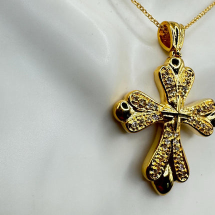 Vintage 9k Gold Filled Cross Necklace on Etched Gold Filled Chain - Small Crucifix Pendant for Layering and Stacking
