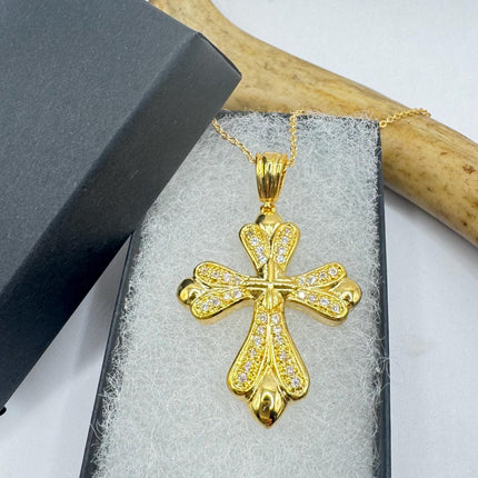 Vintage 9k Gold Filled Cross Necklace on Etched Gold Filled Chain - Small Crucifix Pendant for Layering and Stacking