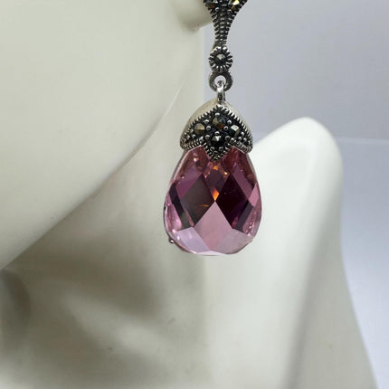 Vintage Pink Rose Crystal Chandelier Drop Gemstone Gold 925 Sterling Silver Chandelier Earrings