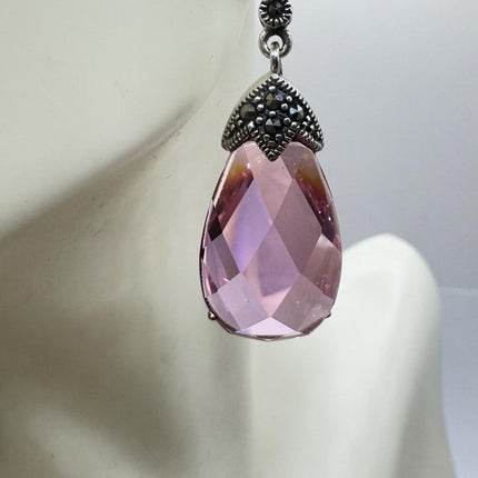 Vintage Pink Rose Crystal Chandelier Drop Gemstone Gold 925 Sterling Silver Chandelier Earrings