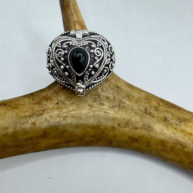 Vintage Heart Silver Bronze Poison Ring | Retro Black Onyx Unique Gift Statement Ring