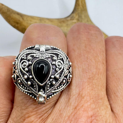 Vintage Heart Silver Bronze Poison Ring | Retro Black Onyx Unique Gift Statement Ring
