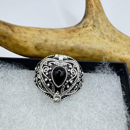 Vintage Heart Silver Bronze Poison Ring | Retro Black Onyx Unique Gift Statement Ring