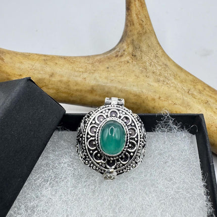 Vintage Silver Bronze Poison Ring | Retro Green Chrysoprase Unique Gift Statement Ring