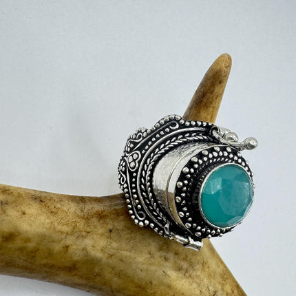 Vintage Silver Bronze Poison Ring | Retro Green Chalsedony Unique Gift Statement Ring