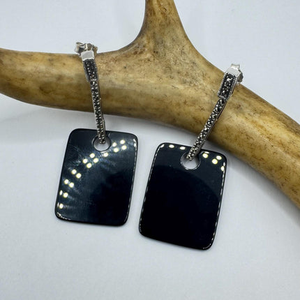 Vintage Silver Marcasite Earrings Black Deco | 925 Sterling Silver Stud Dangle Drop Earrings | Minimalist Everyday