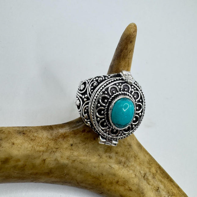 Vintage Silver Bronze Poison Ring | Turquoise Unique Gift Statement Ring