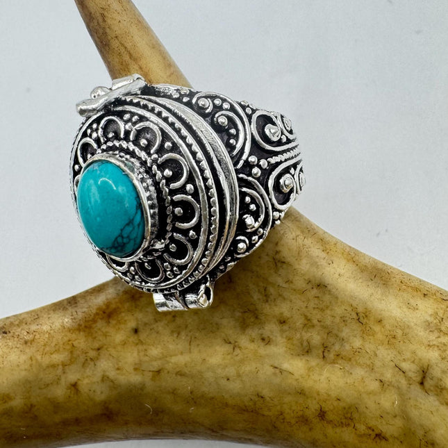 Vintage Silver Bronze Poison Ring | Turquoise Unique Gift Statement Ring