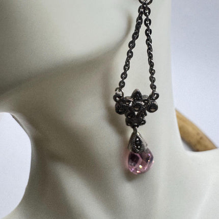 Vintage Pink Ice Rose Crystal Chandelier Drop Gemstone 925 Sterling Silver Chandelier Earrings