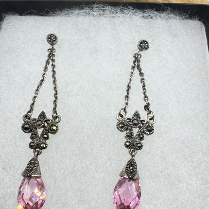 Vintage Pink Ice Rose Crystal Chandelier Drop Gemstone 925 Sterling Silver Chandelier Earrings