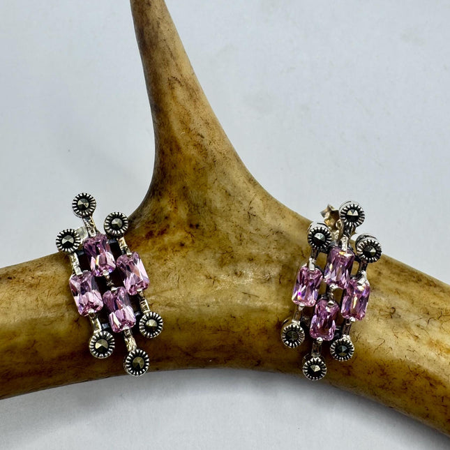 Vintage Pink Ice Rose Crystal Chandelier Drop Gemstone 925 Sterling Silver Chandelier Earrings