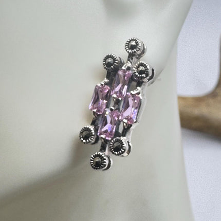 Vintage Pink Ice Rose Crystal Chandelier Drop Gemstone 925 Sterling Silver Chandelier Earrings