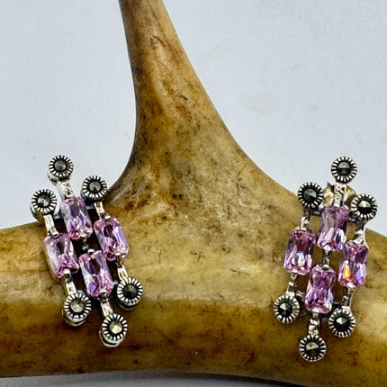 Vintage Pink Ice Rose Crystal Chandelier Drop Gemstone 925 Sterling Silver Chandelier Earrings