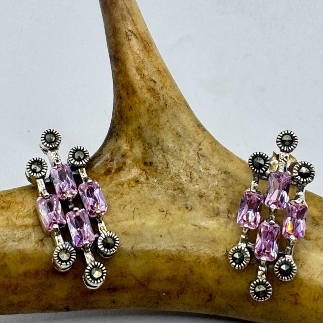 Vintage Pink Ice Rose Crystal Chandelier Drop Gemstone 925 Sterling Silver Chandelier Earrings