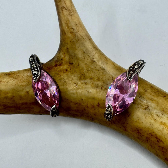Vintage Pink Ice Rose Crystal Chandelier Drop Gemstone 925 Sterling Silver Stud Post Earrings