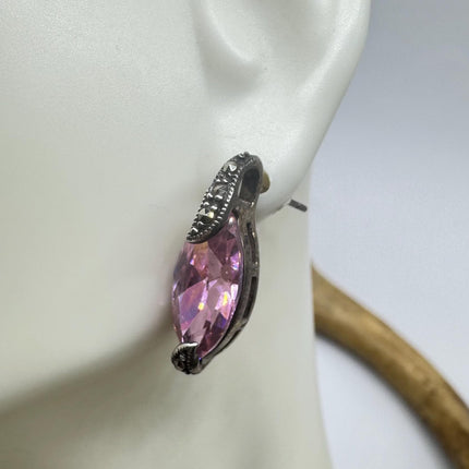 Vintage Pink Ice Rose Crystal Chandelier Drop Gemstone 925 Sterling Silver Stud Post Earrings