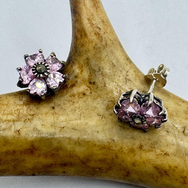 Vintage Pink Ice Rose Crystal Chandelier Drop Gemstone 925 Sterling Silver Stud Post Earrings