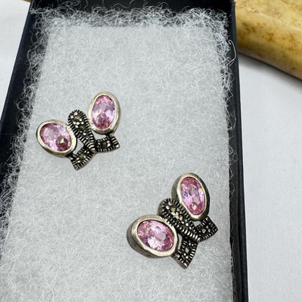 Vintage Pink Ice Rose Crystal Chandelier Drop Gemstone 925 Sterling Silver Stud Post Earrings