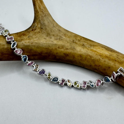 Vintage Silver Tennis Bracelet | Crystal mixed gemstone Cubic Zirconia | 925 Sterling Silver