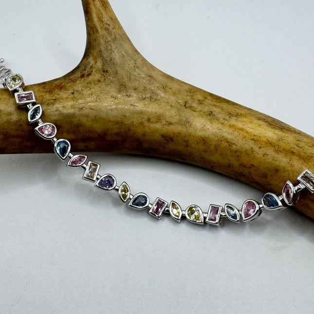 Vintage Silver Tennis Bracelet | Crystal mixed gemstone Cubic Zirconia | 925 Sterling Silver
